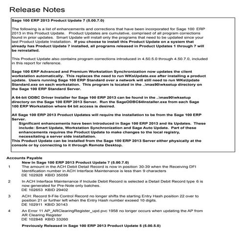 Sage 100 ERP 2013 Product Update 7 Release Notes