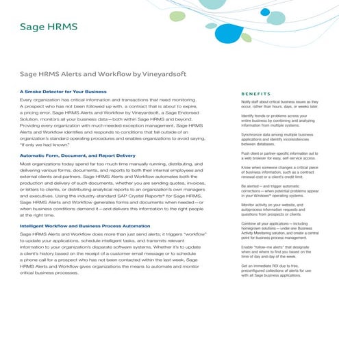 Sage HRMS Alerts and Workflow by Vineyardsoft Feature Sheet
