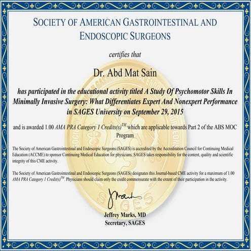 SAGES Certificate-Performance Analysis in Minimally Invasive Surgery | PDF