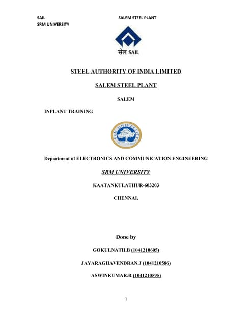 Salem Steel Plant Industrial Training Report | PDF