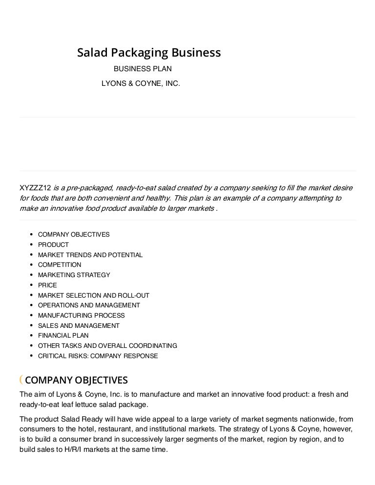 Salad Packaging Business Sample Plan