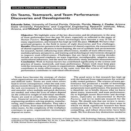 Salas et al (2008) Teams, teamwork and team performance