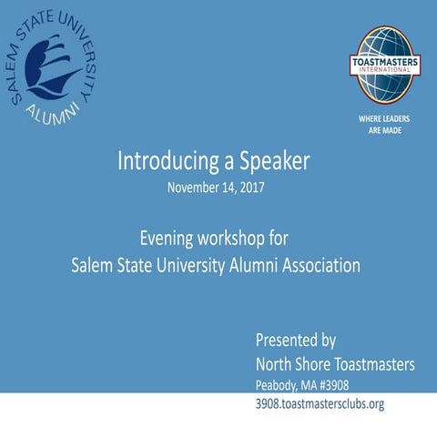 Salem state University Alumni Assn Nov 2017 Speaker Training 