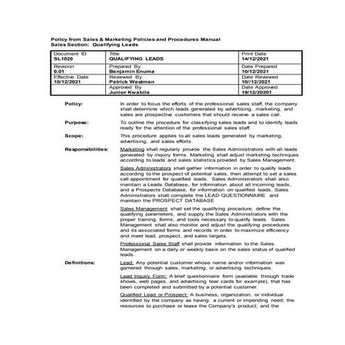 Sales marketing policies and procedures