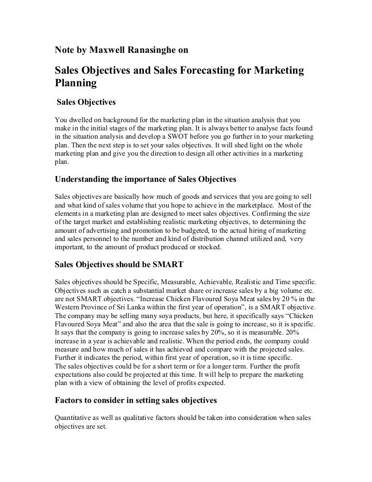 sales objectives and sales forecasting