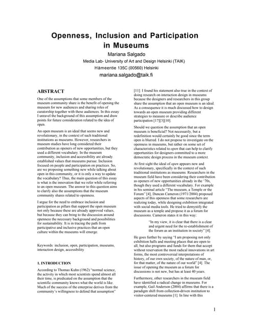 Openness, Inclusion and Participation in Museums
