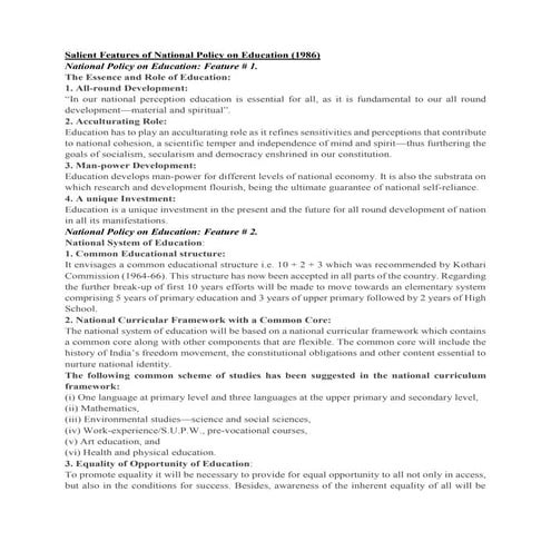 Salient features of national policy on education
