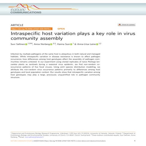 Sallinen et al.   intraspecific host variation plays a key role in virus comm...