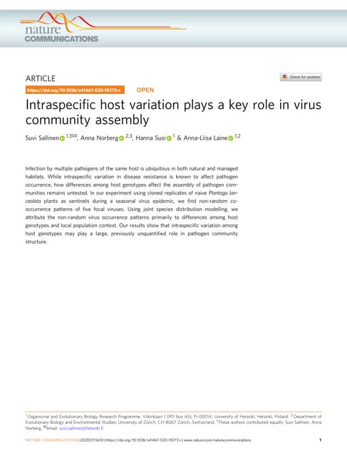 Sallinen et al.   intraspecific host variation plays a key role in virus community assembly - 2020 - nature communications
