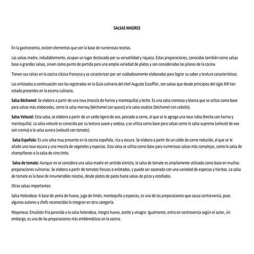 SALSAS MADRES usadas en la gastronomia bases culinarias