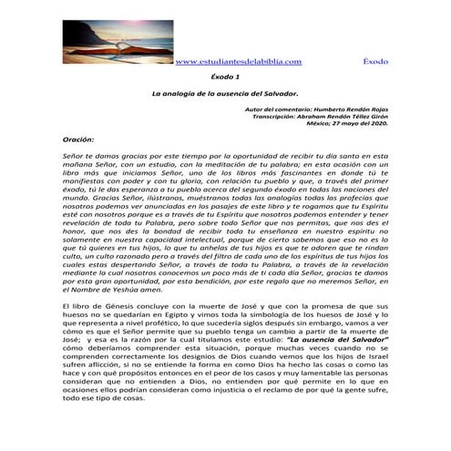 Éxodo 1 La analogía de la ausencia del Salvador