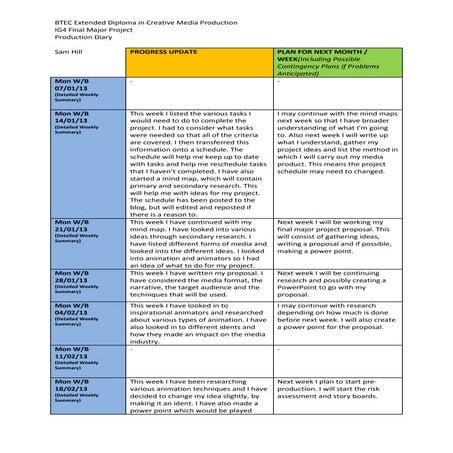 Sam hill final major project production diary 07.03.13
