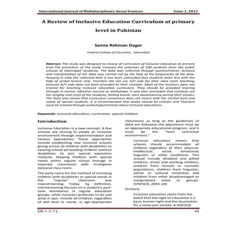 A Review of Inclusive Education Curriculum at primary level in Pakistan