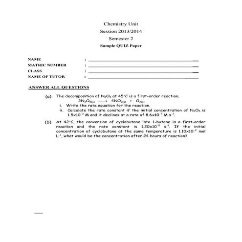 Sample quiz paper set 1 (first order reaction)