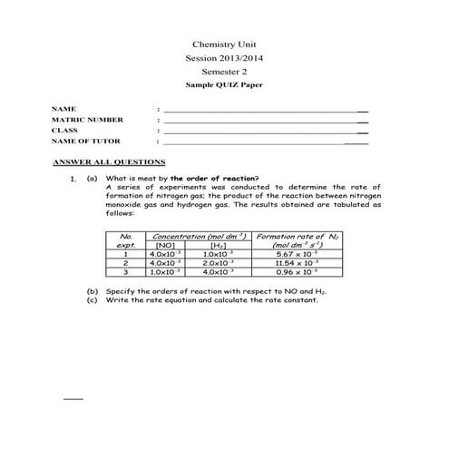 Sample quiz paper set 2 (initial rate method)