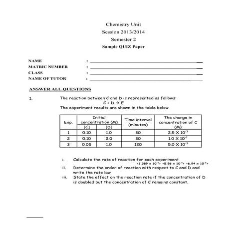 Sample quiz paper set 3 (initial rate method)