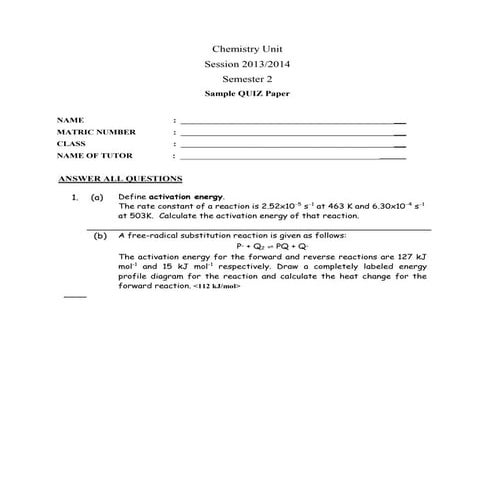 Sample quiz paper set 4 (activation energy)