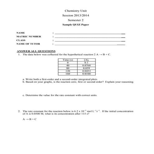 Sample quiz paper set 8 (integrated rate law)