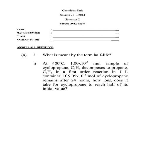 Sample quizs paper set 5 (half life)