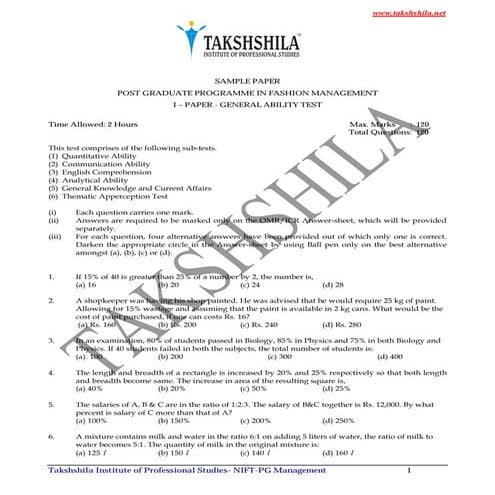 nid coaching classes in hyderabad,Sample Paper for NIFT PG Management ...