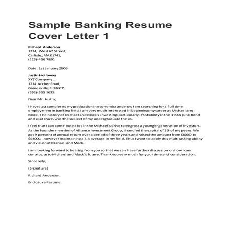 Sample banking resume cover letter | DOCX