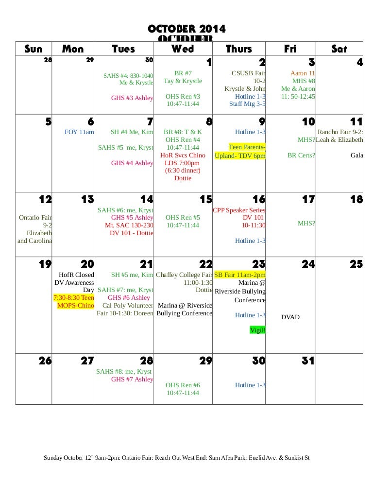 sample calendar oct 2014