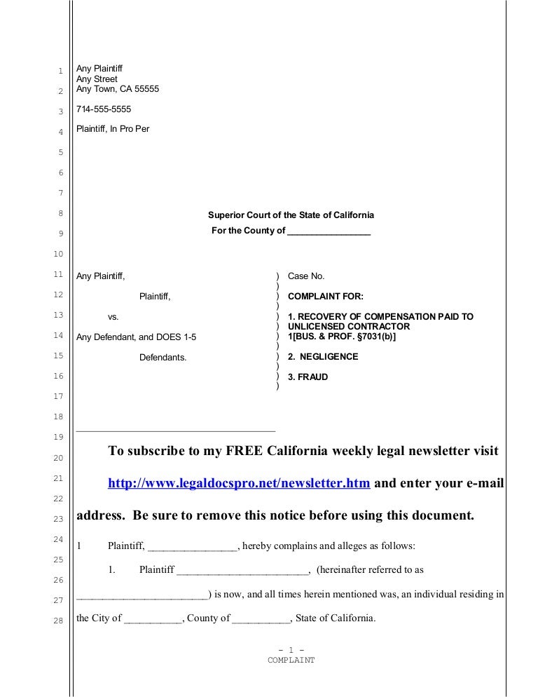 Sample California complaint for fraud against unlicensed contractor