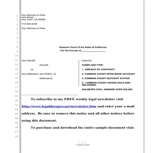 Sample California complaint for breach of contract and common counts