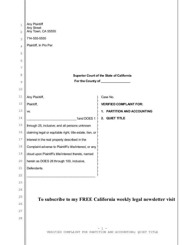 Sample California Complaint For Quiet Title