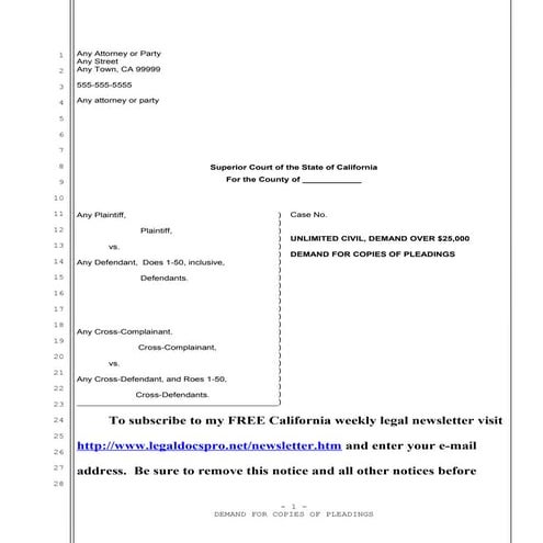 Sample california demand for copies of pleadings | DOC
