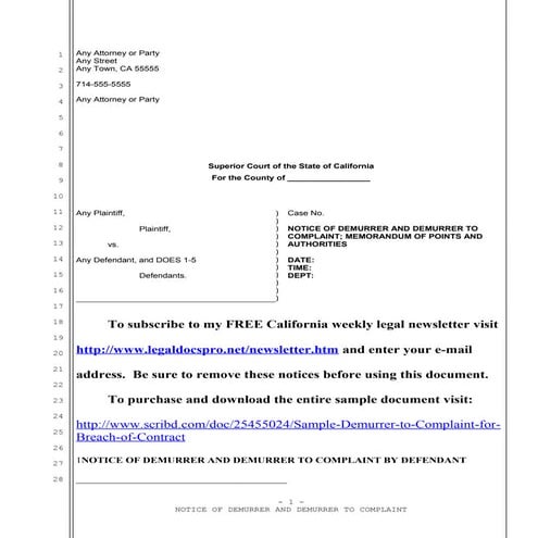 Sample California demurrer to  complaint for breach of contract