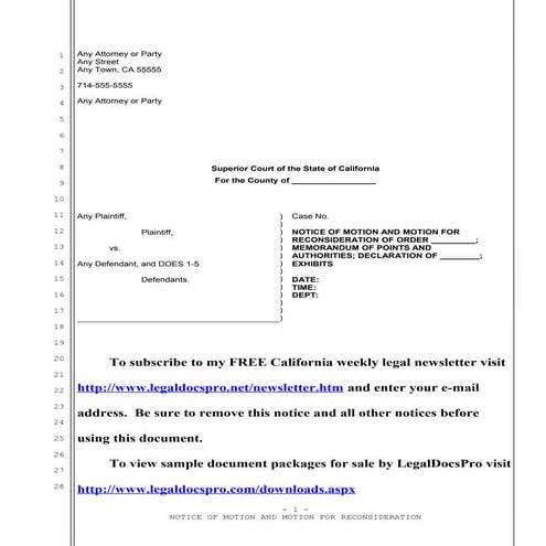 Sample California motion for reconsideration under Code of Civi 