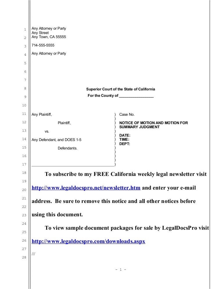 Sample California motion for summary judgment in unlawful detainer (e…