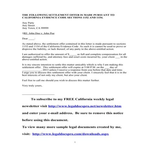 Sample California settlement offer letter