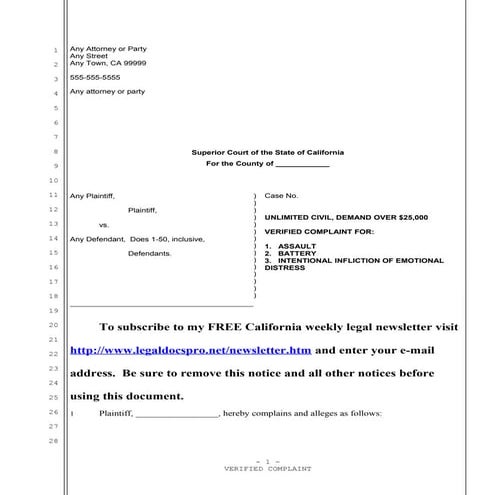 Sample California complaint for assault and battery