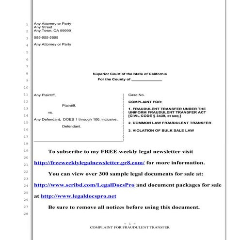 Sample complaint for fraudulent transfer in California