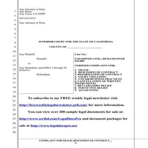Sample complaint for rescission of contract in California