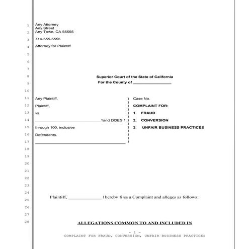 Sample California complaint for unfair business practices
