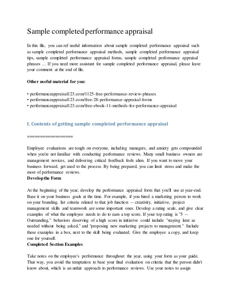 sample completed performance appraisal employee reviews examples