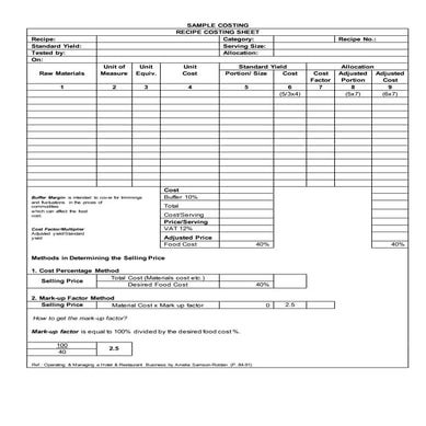 Sample Costing Sheet