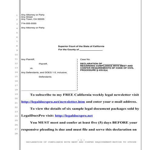 Sample meet and confer declaration for motion to strike in California 