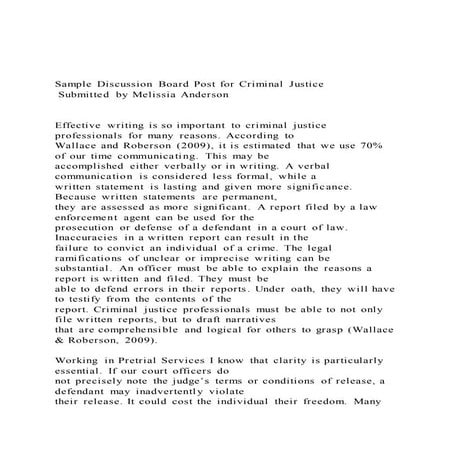 Sample Discussion Board Post for Criminal Justice  Submitted