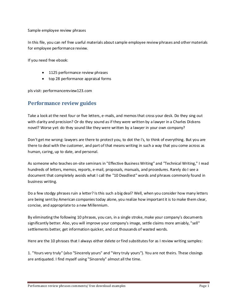 employee evaluation samples phrases employee appraisal samples
