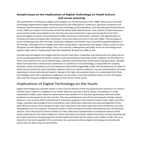 Sample essay on the implications of digital technology on youth culture
