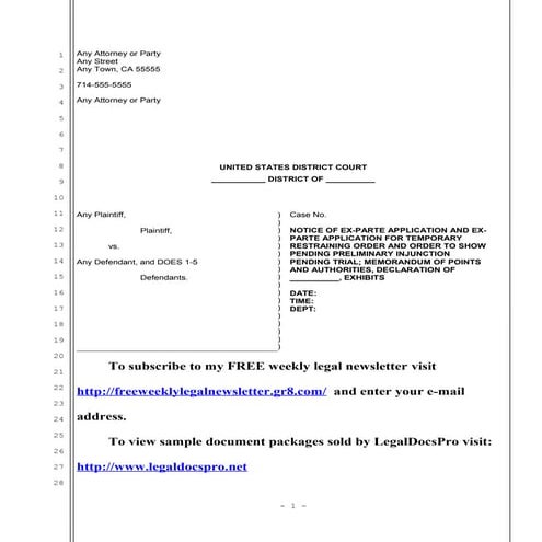 Sample ex parte application for TRO and preliminary injunction in United Stat...
