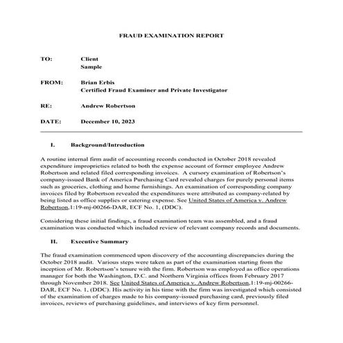 Sample FRAUD EXAMINATION REPORT by Brian Erbis | PDF | Crime & Harmful ...