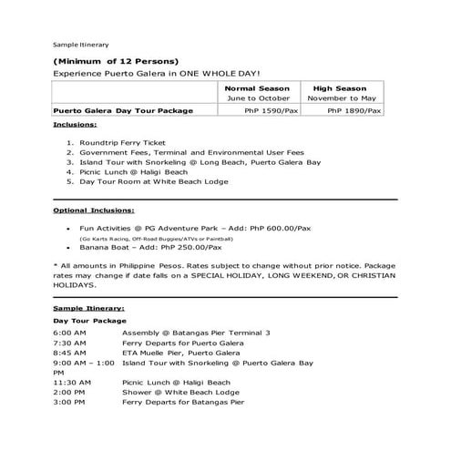 Sample itinerary