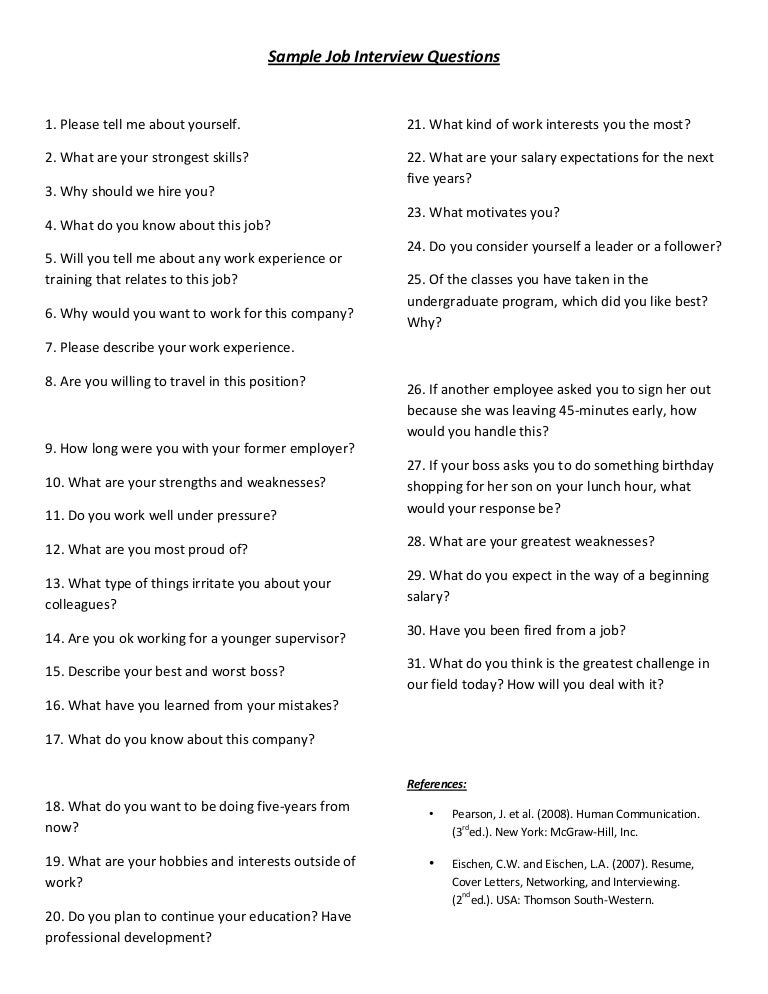 sample job interview questions sample of job interview