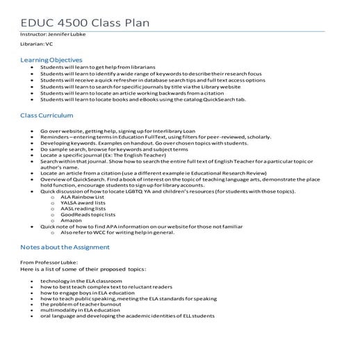 Sample Library Instruction Lesson Plan