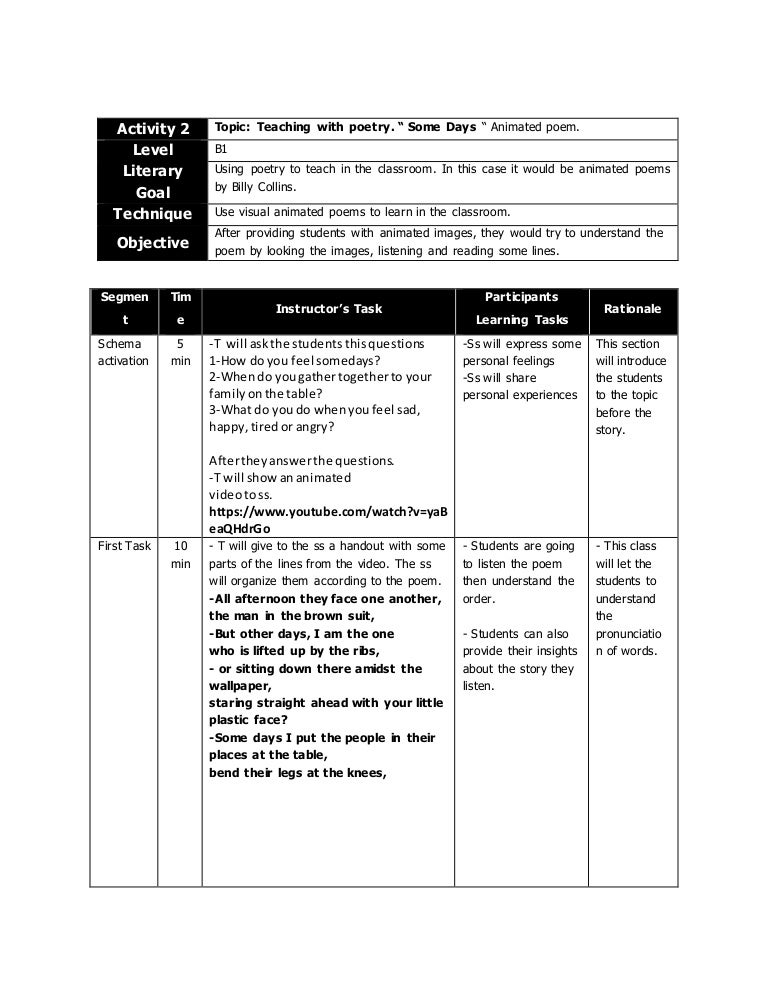 Sample lesson plan animated poem